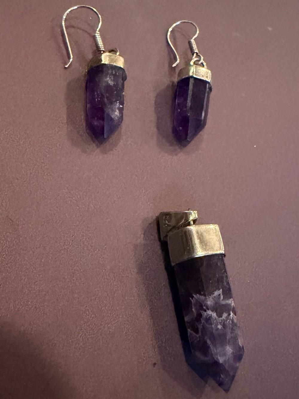 Amethyst Crystal Point Pendant and Earrings Set - Purple
